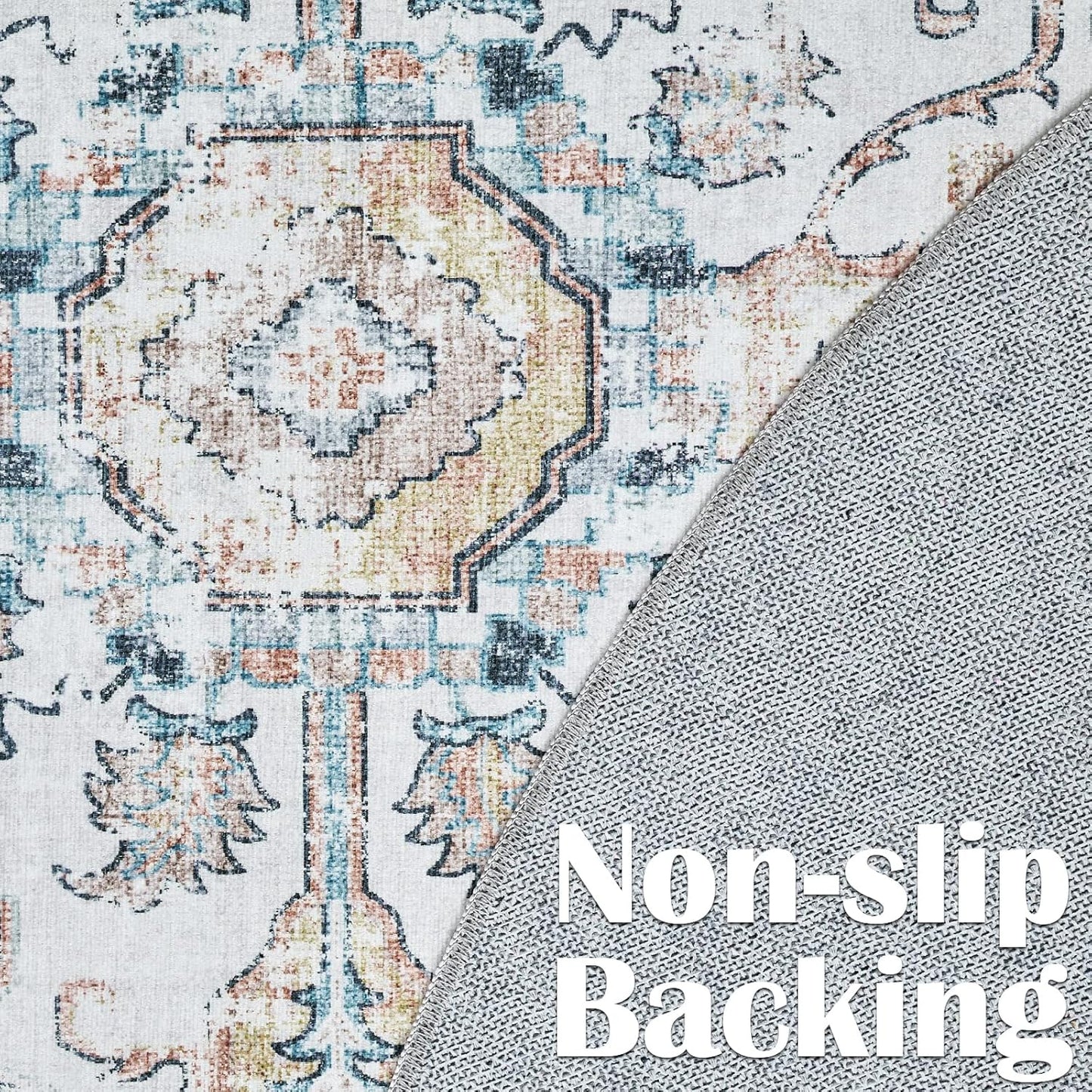 jinchan Round Rug 5ft Area Rug - Machine Washable 5'Circle Vintage Floral Non-Slip with Rubber Backing Ultra-Thin Low-Pile Carpet for Bedroom Living Room Dining Room Entryway (5'Round,Grey/Blue)