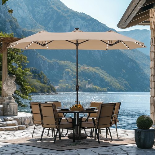 HERA'S PALACE 13ft Double-Sided Patio Umbrella - 120 LED Solar Lights | 8 Color Options for Garden & Pool