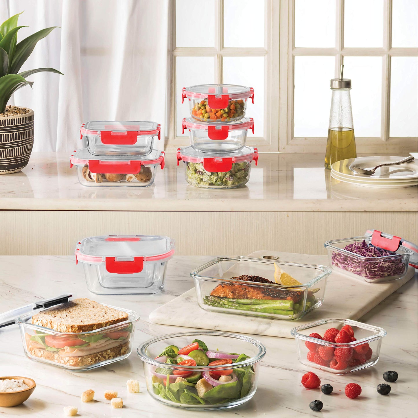 FineDine 24 Piece Glass Storage Containers with Lids - Leak Proof, Dishwasher Safe Glass Food Storage Containers for Meal Prep or Leftovers (Red, 24 Piece)