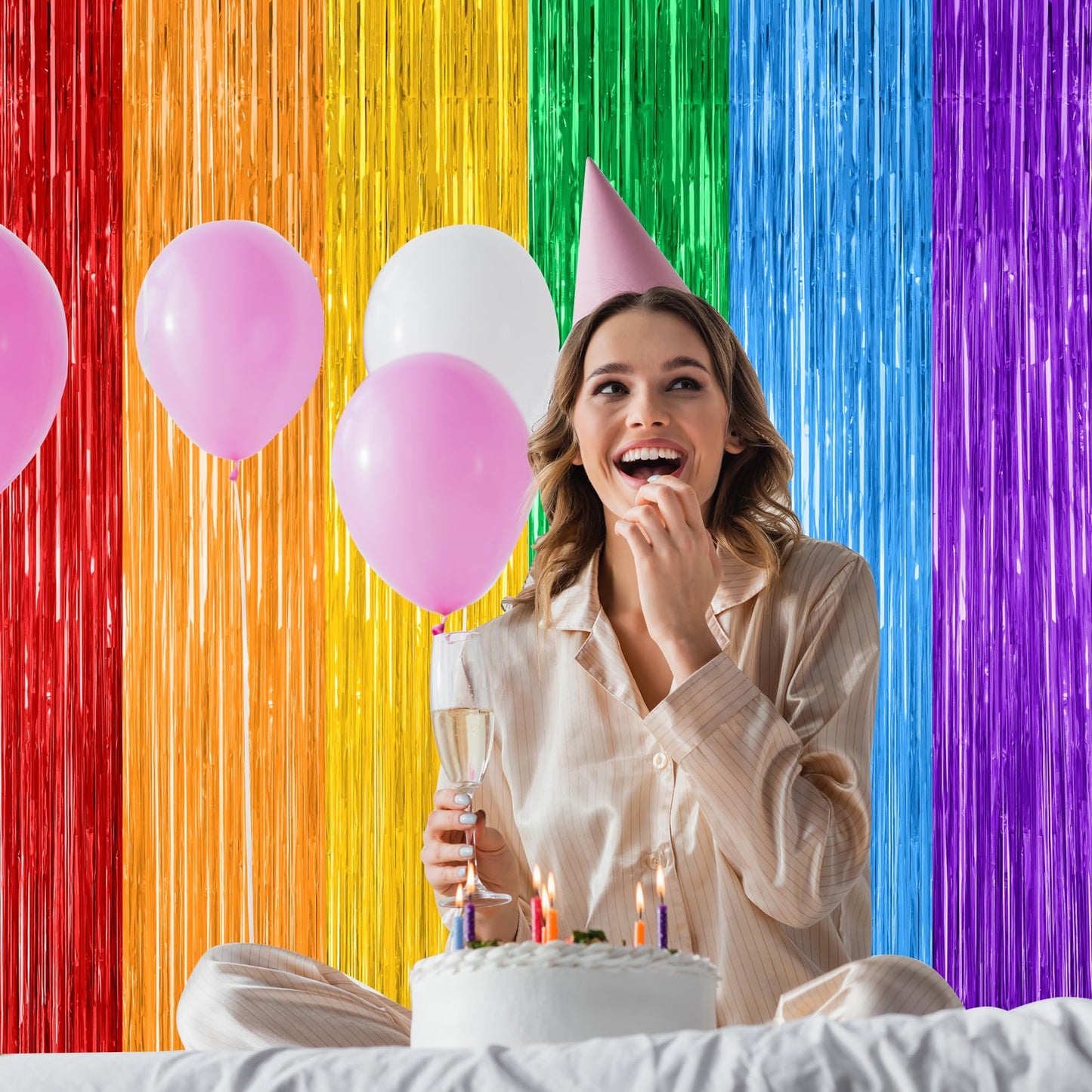 ZATAYE 4 Pack Pride Decorations, 3.28 FT x 7.05 FT Rainbow Backdrop, Metallic LGBT Party Decor Foil Tinsel Party Streamer Backdrop Curtains, Rainbow Curtains Birthday Photo Booth Props