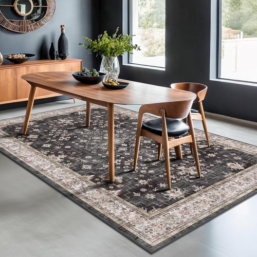 Black Modern Farmhouse Area Rug | 5x8 Boho Living Room Carpet - Washable, Non-Slip & Stain Resistant