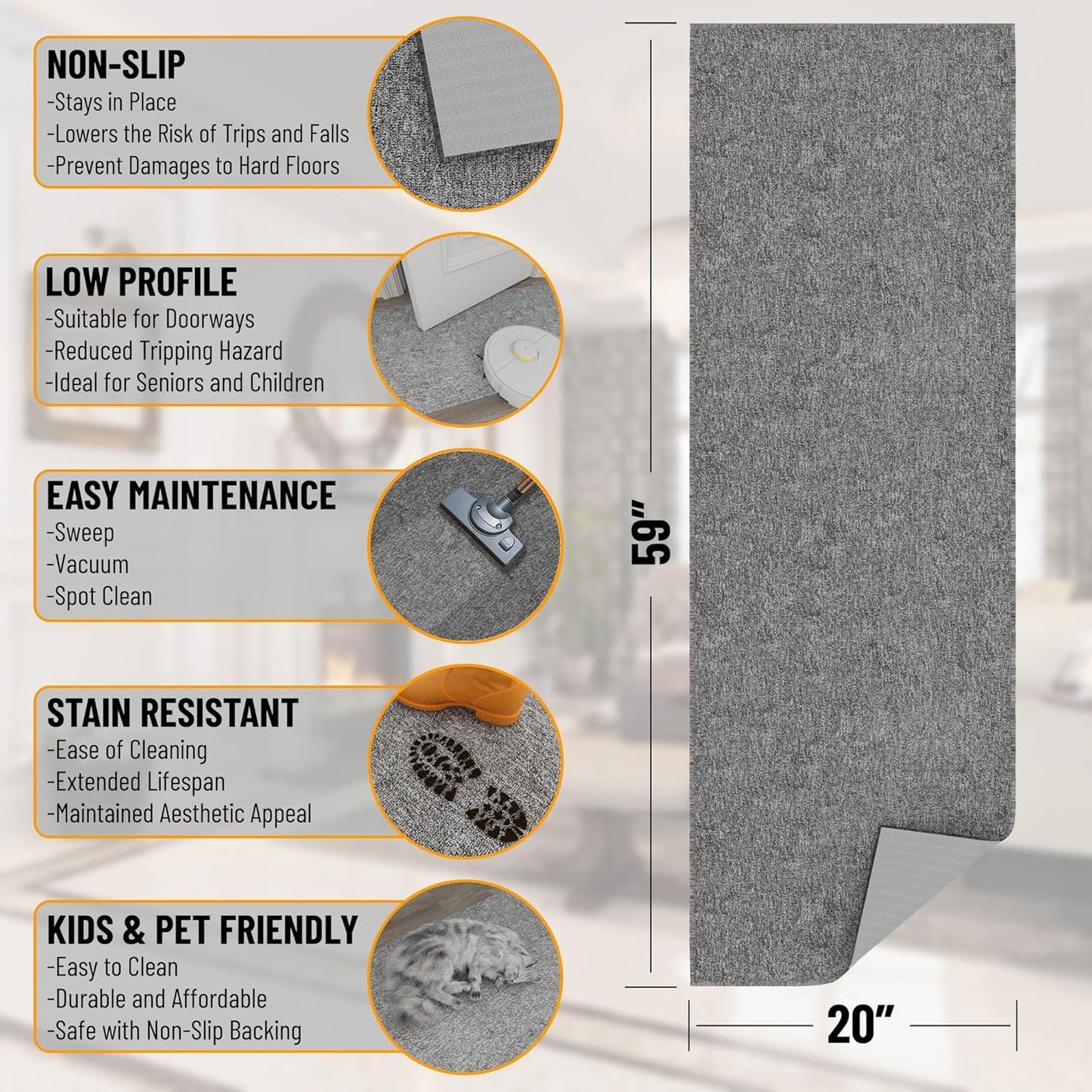 Ottomanson 20" x 59" Ultra-Thin Hallway Runner Rug - Durable Non-Slip Carpet for High-Traffic Areas - Fits Under Doors for Seamless Entry - Ideal for Kitchen, Entryway, Bedroom & Living Room, Gray