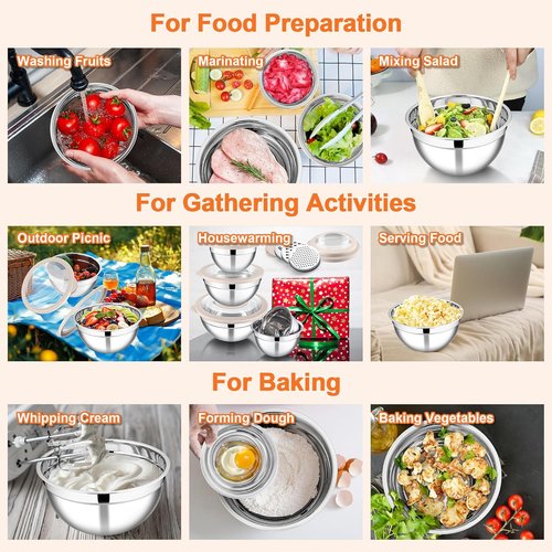 E-far Stainless Steel Mixing Bowls Set of 5 - Nesting Bowls with Transparent Lids & 3 Graters | Khaki