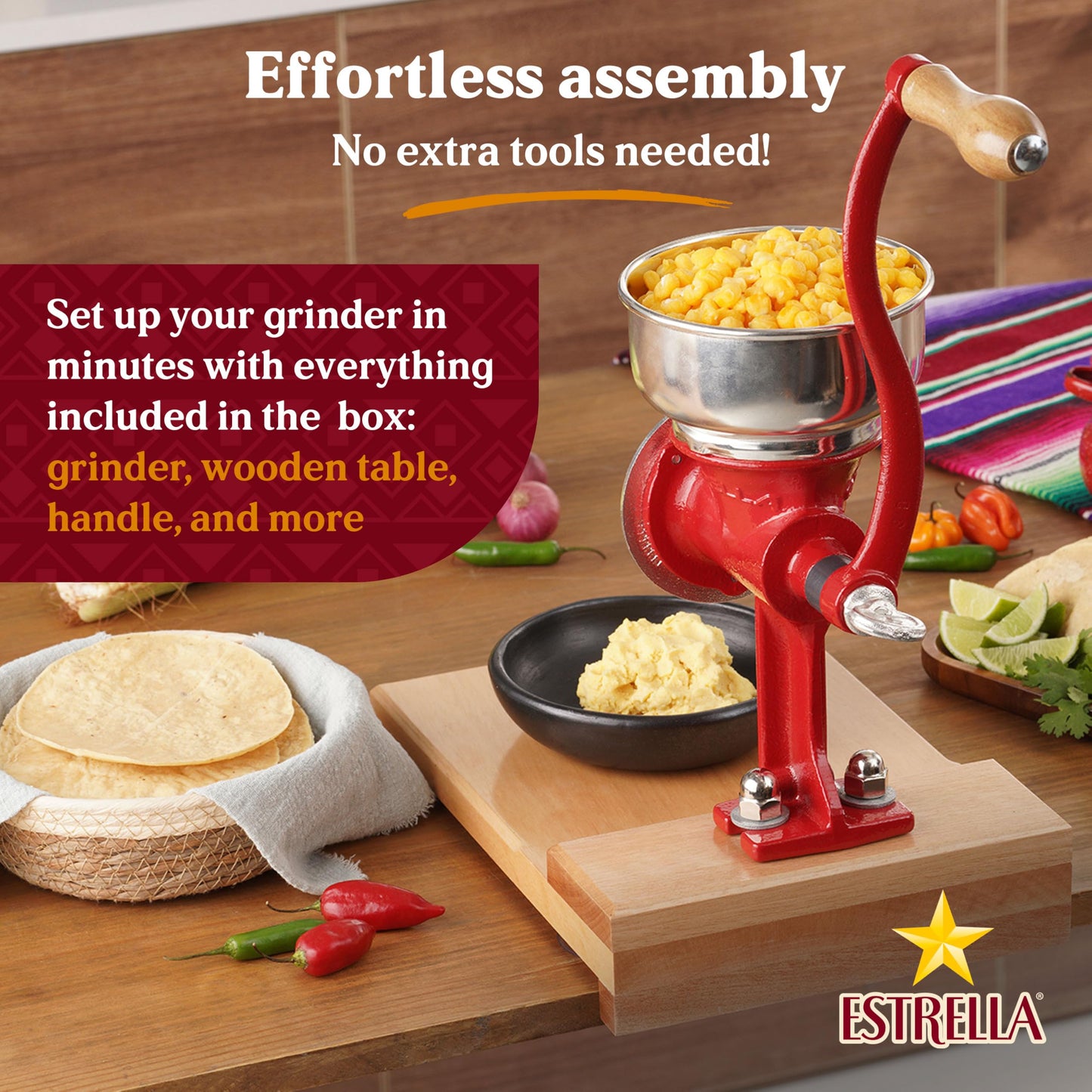 Estrella Grain Mill with Wooden Table, Mexican Manual Corn Grinder for Rice, Chickpeas, Nixtamal Mill Grinder with Cast Iron Construction, (0.8 Quart / 0.75 Liter) Low Hopper
