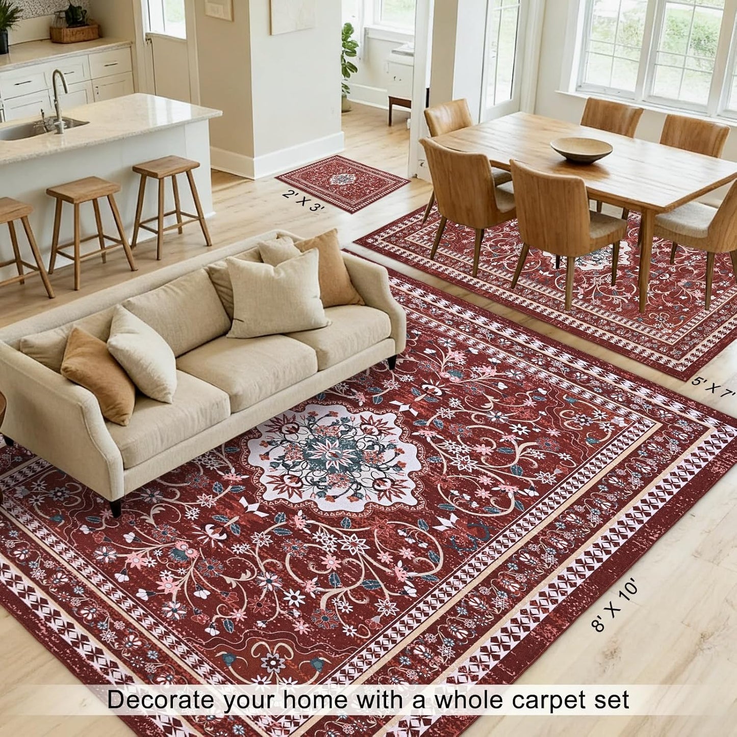 Regine Switzerland Non-Slip Red Entryway Rug - Washable Boho Low Pile Mat | 2' x 3' Indoor Area Rug