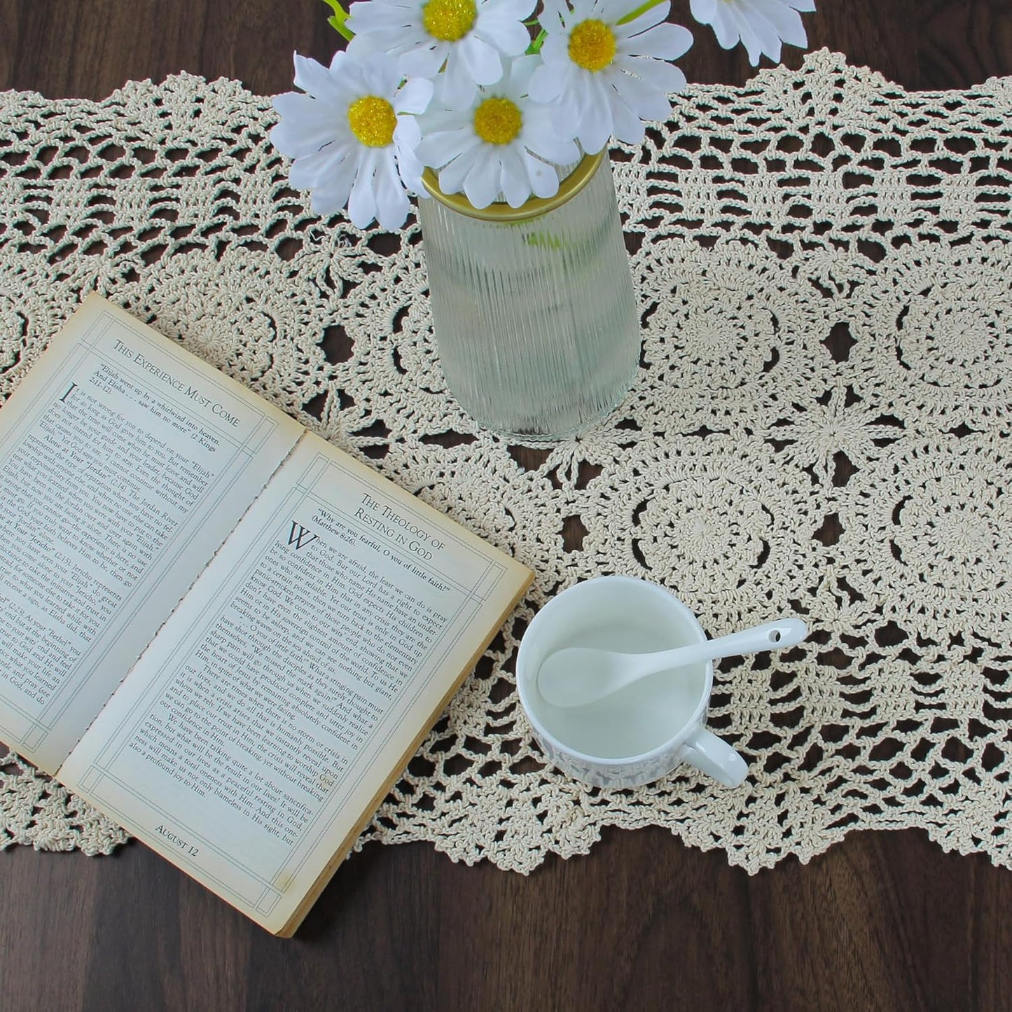 Handmade Crochet Cotton Lace Table Runner - 15 x 43 Inch Elegant Tablecloth