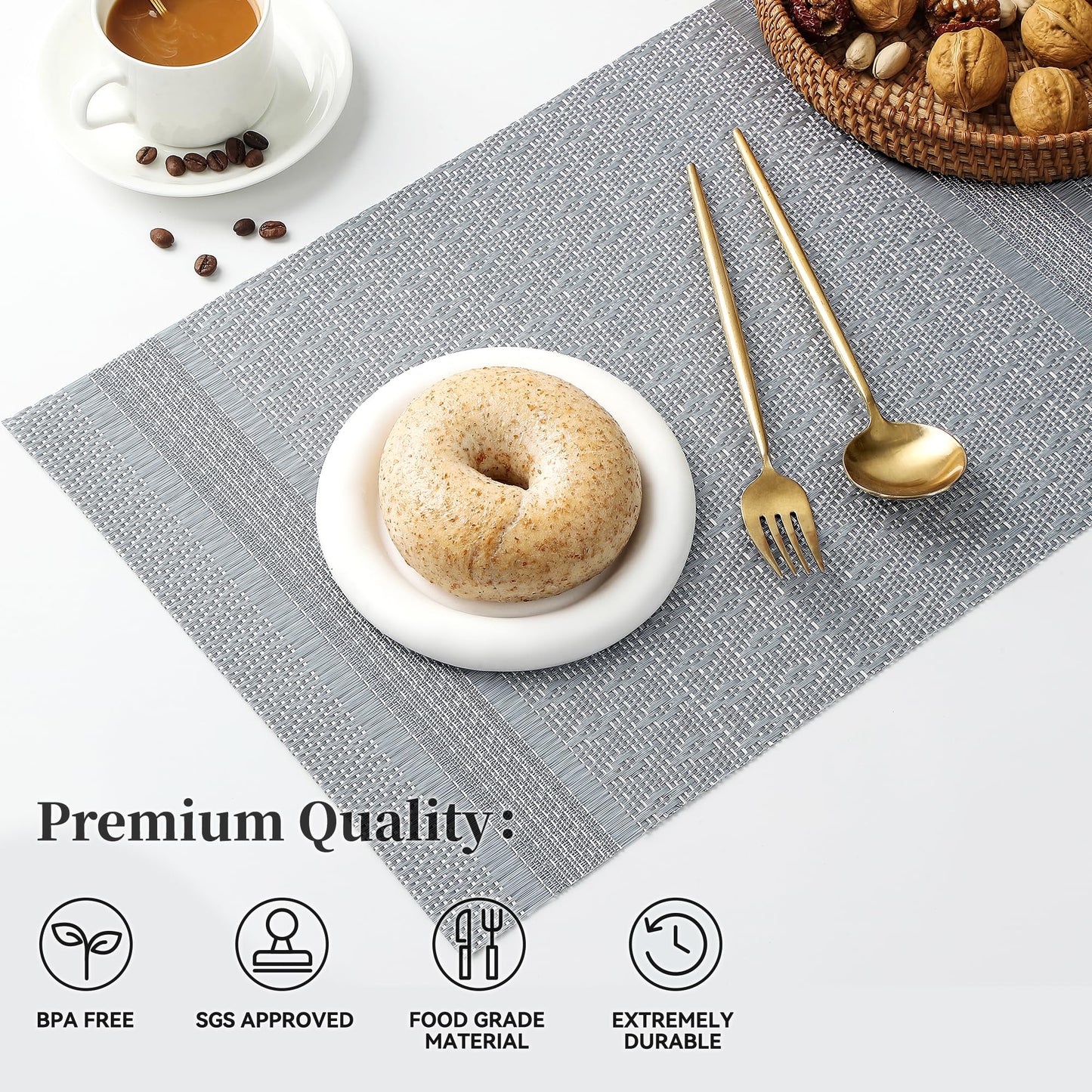 Leetaltree Lunar Grey Placemats Set of 4 - Heat Resistant Non-Slip Place mats for Dining Table, Washable Durable PVC Vinyl Woven Table Mats(Lunar Grey, 4)