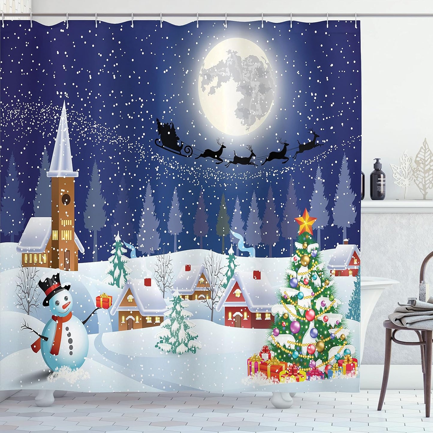 Christmas Shower Curtain with Snowman & Santa Sleigh - Winter Decor Set, 69" x 70" - Fabric with Hooks