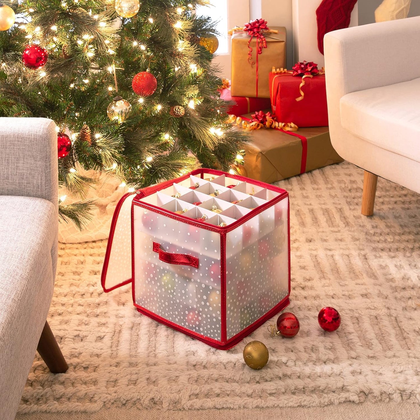 Ornament Storage Organizer for 112 Ornaments | Zipper Closure | Space-Saving Red Design