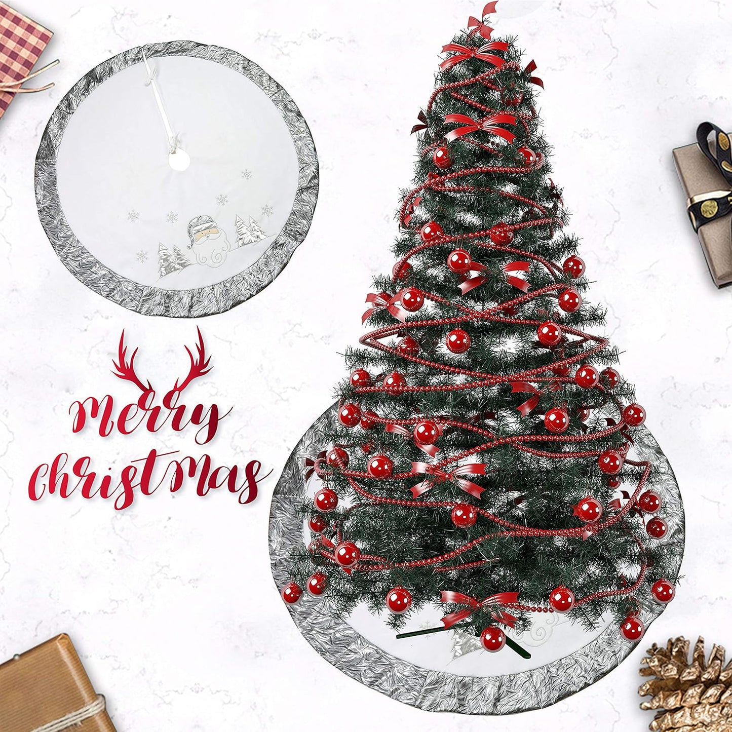 Luxury 36'' Snowman Christmas Tree Skirt - Silvery White Embroidered Snowflake with Satin Border