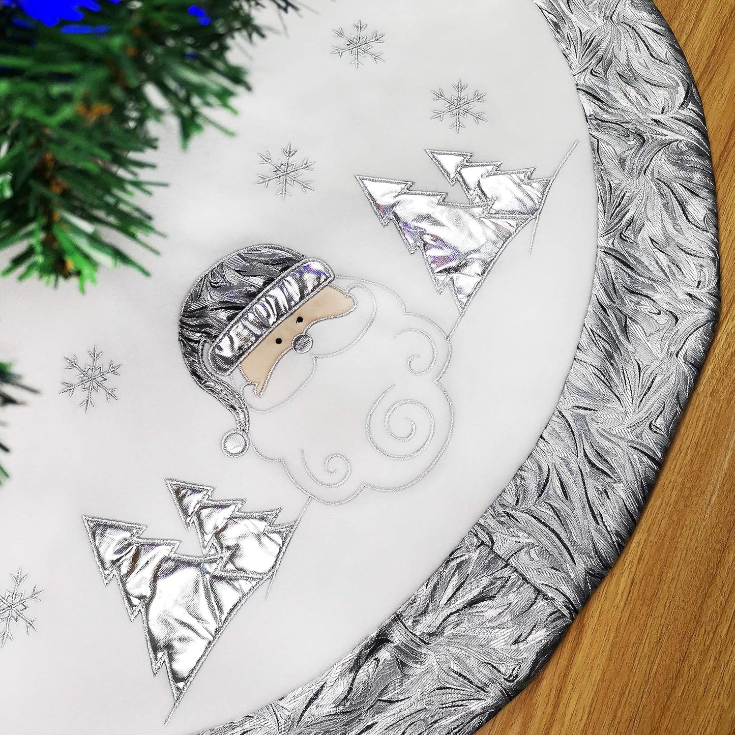 Luxury 36'' Snowman Christmas Tree Skirt - Silvery White Embroidered Snowflake with Satin Border