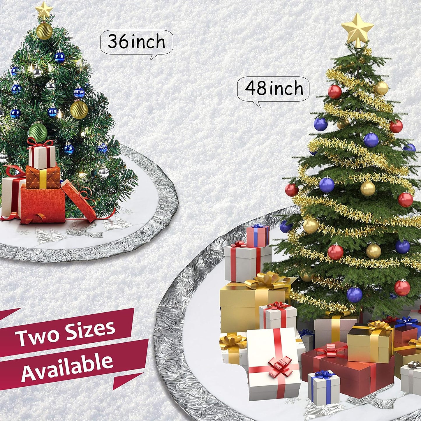 Luxury 36'' Snowman Christmas Tree Skirt - Silvery White Embroidered Snowflake with Satin Border