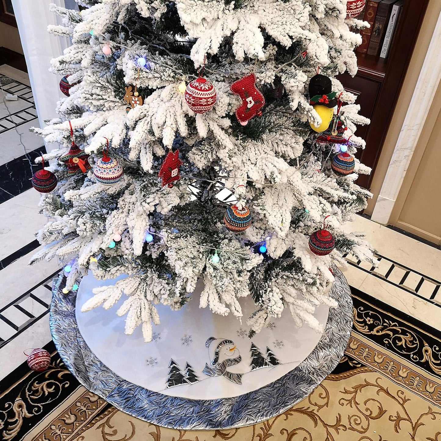 Luxury 36'' Snowman Christmas Tree Skirt - Silvery White Embroidered Snowflake with Satin Border