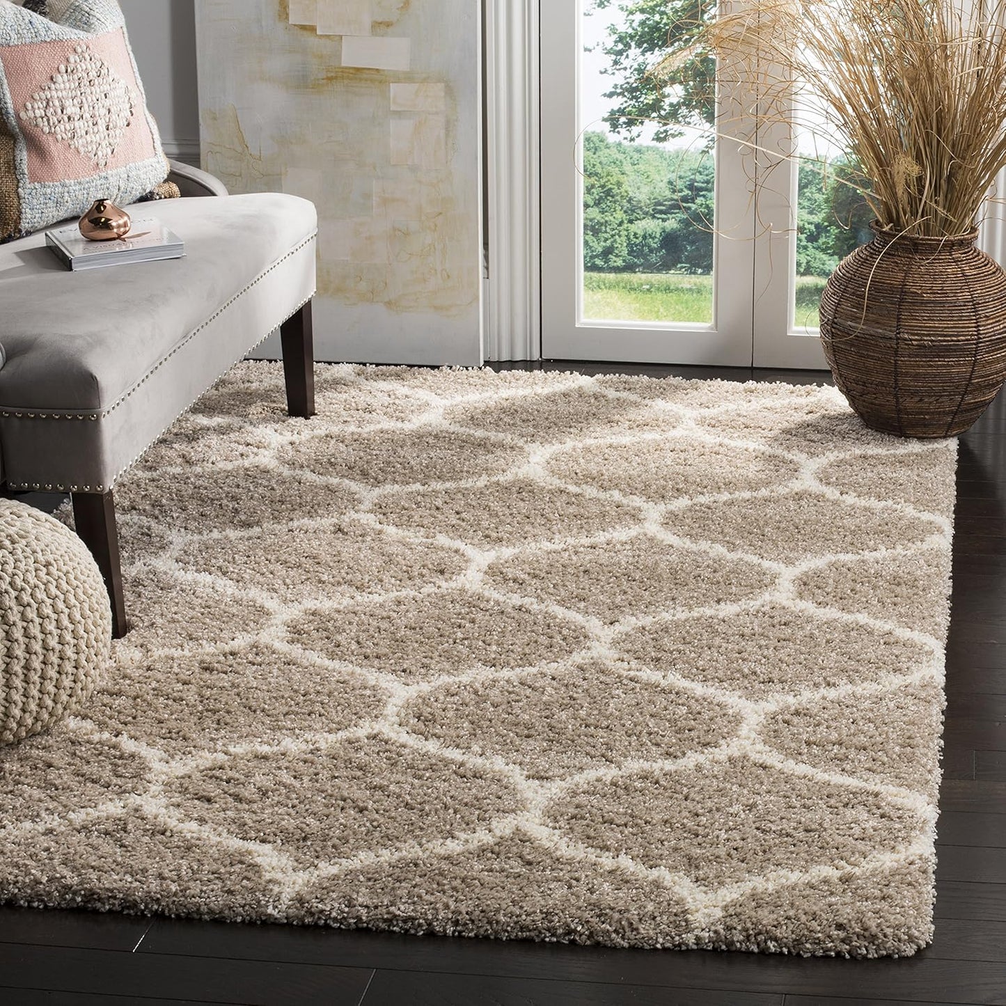 SAFAVIEH Hudson Shag Collection Accent Rug - 3' x 5', Beige & Ivory, Trellis Design, Non-Shedding & Easy Care, 2-inch Thick Ideal for High Traffic Areas in Entryway, Living Room, Bedroom (SGH280S)