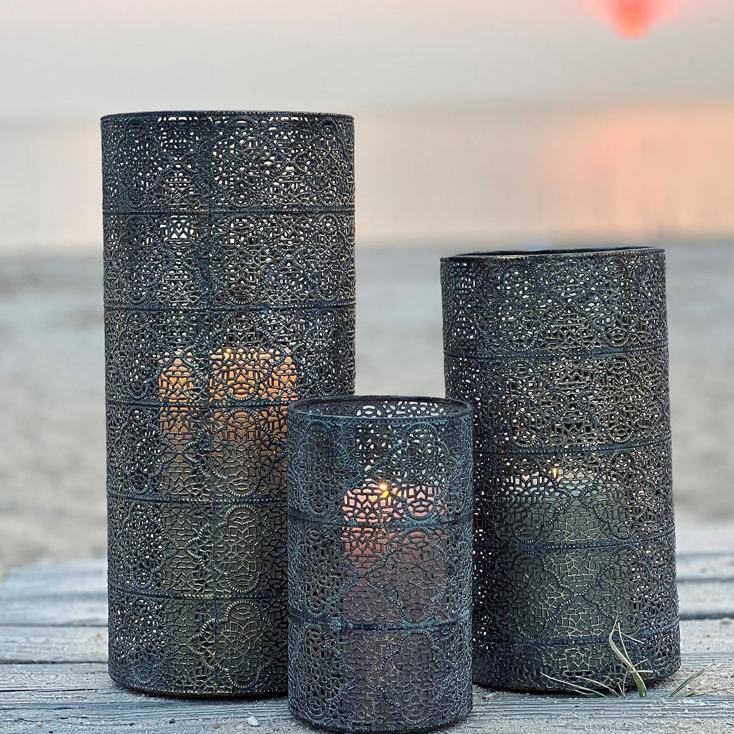 3 Piece Alhambra Hurricane Lantern Set, Lattice, Quatrefoil Pattern Metal Work, Distressed Dark Gold and Grey, Green Patina, 15.75 Inches Null