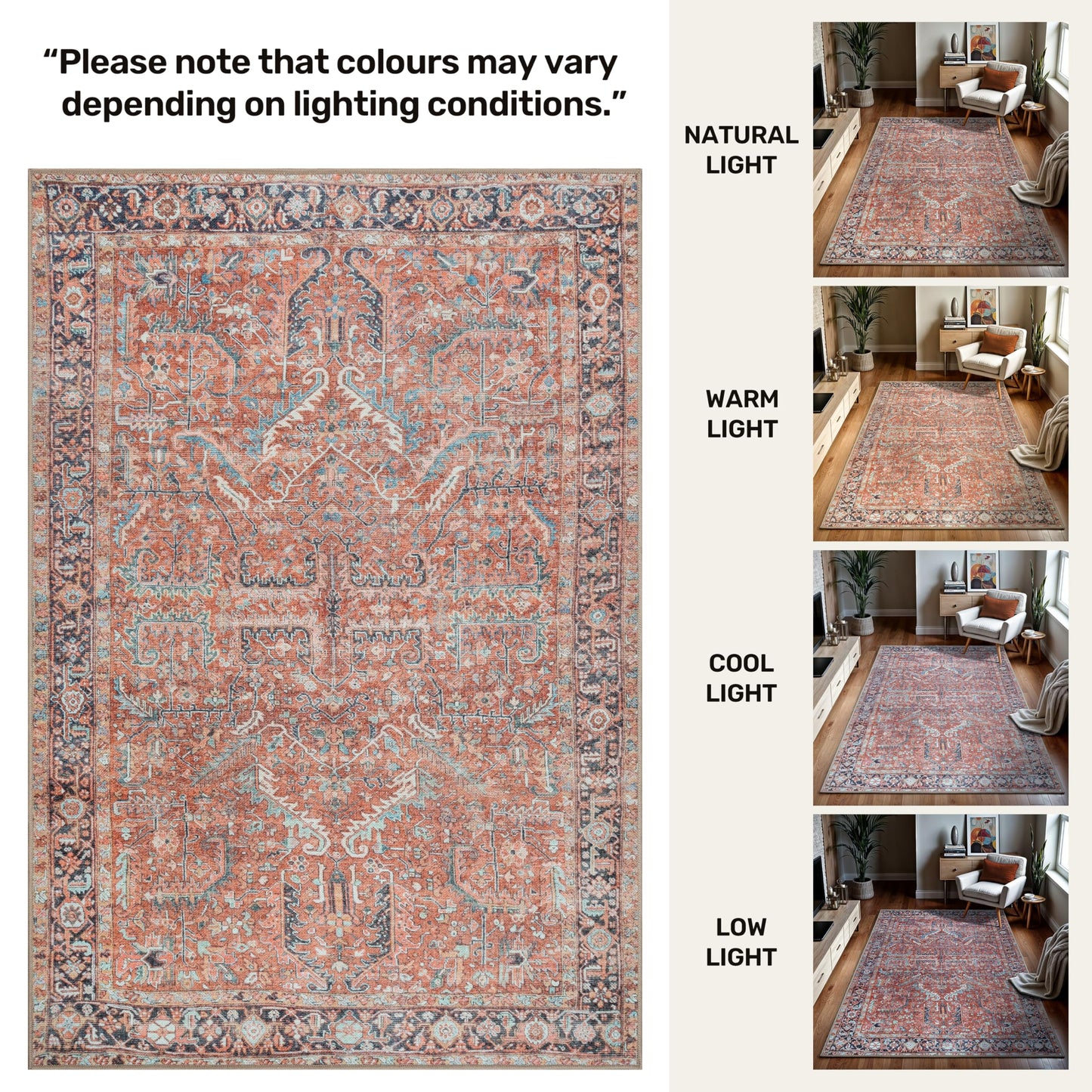 GLN Traditional Collection - Machine Washable Area Rug, Non Slip, Low Pile Chenille Living Room, Bedroom & Kitchen Rug (3'x5' Terra Cotta)