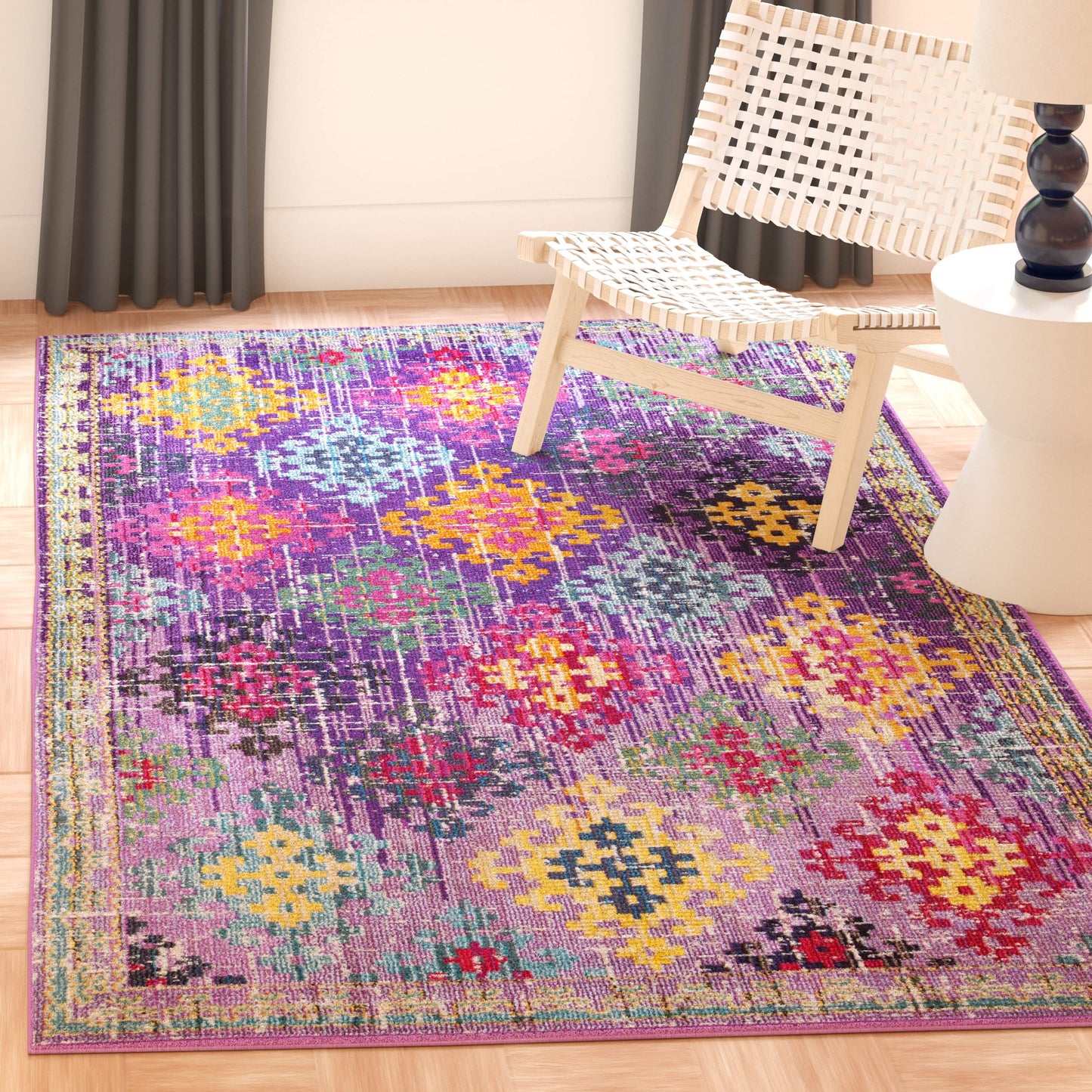SAFAVIEH Monaco Collection Accent Rug - 4' x 5'7", Purple & Multi, Boho Diamond Trellis Design, Non-Shedding & Easy Care, Ideal for High Traffic Areas in Entryway, Living Room, Bedroom (MNC244P)