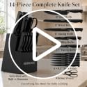 Black Kitchen Knife Block Set with Built-In Sharpener - 14 Pieces