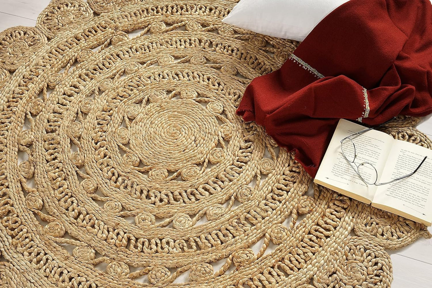 GRUHUM Handwoven Jute Area Rug 4 feet Round Natural Fiber Boho Soft Braided Rustic Vintage Beige Reversible EcoFriendly Rugs Farmhouse Indoor Kitchen Bedroom Living Room Hallways (4'Round)