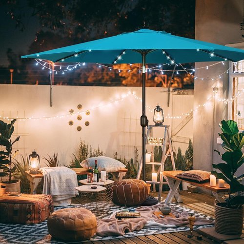 Blissun 9 Ft Solar Umbrella - 32 LED Lighted Patio Umbrella with Tilt & Crank | Cerulean Color for Garden, Deck & Pool