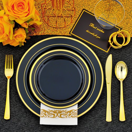ISFANGCO 350pcs Black and Gold Dinnerware Set for 50 Guests, Graduation Plates, Black Plastic Plates with Gold Rim for Party -50 Dinne/Dessert Plates, 150 Silverware Set,50 Napkins and Cups