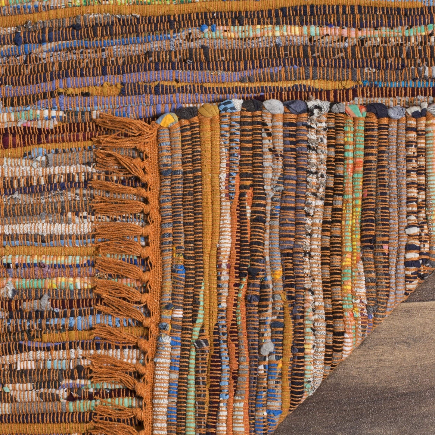 SAFAVIEH Rag Rug Collection 6' Square Gold / Multi RAR127N Handmade Boho Stripe Cotton Area Rug