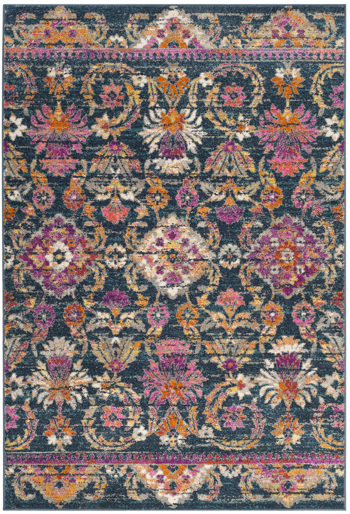 SAFAVIEH Madison Collection Accent Rug - 4' x 6', Blue & Fuchsia, Boho Chic Floral Design, Non-Shedding & Easy Care, Ideal for High Traffic Areas in Entryway, Living Room, Bedroom (MAD130C)