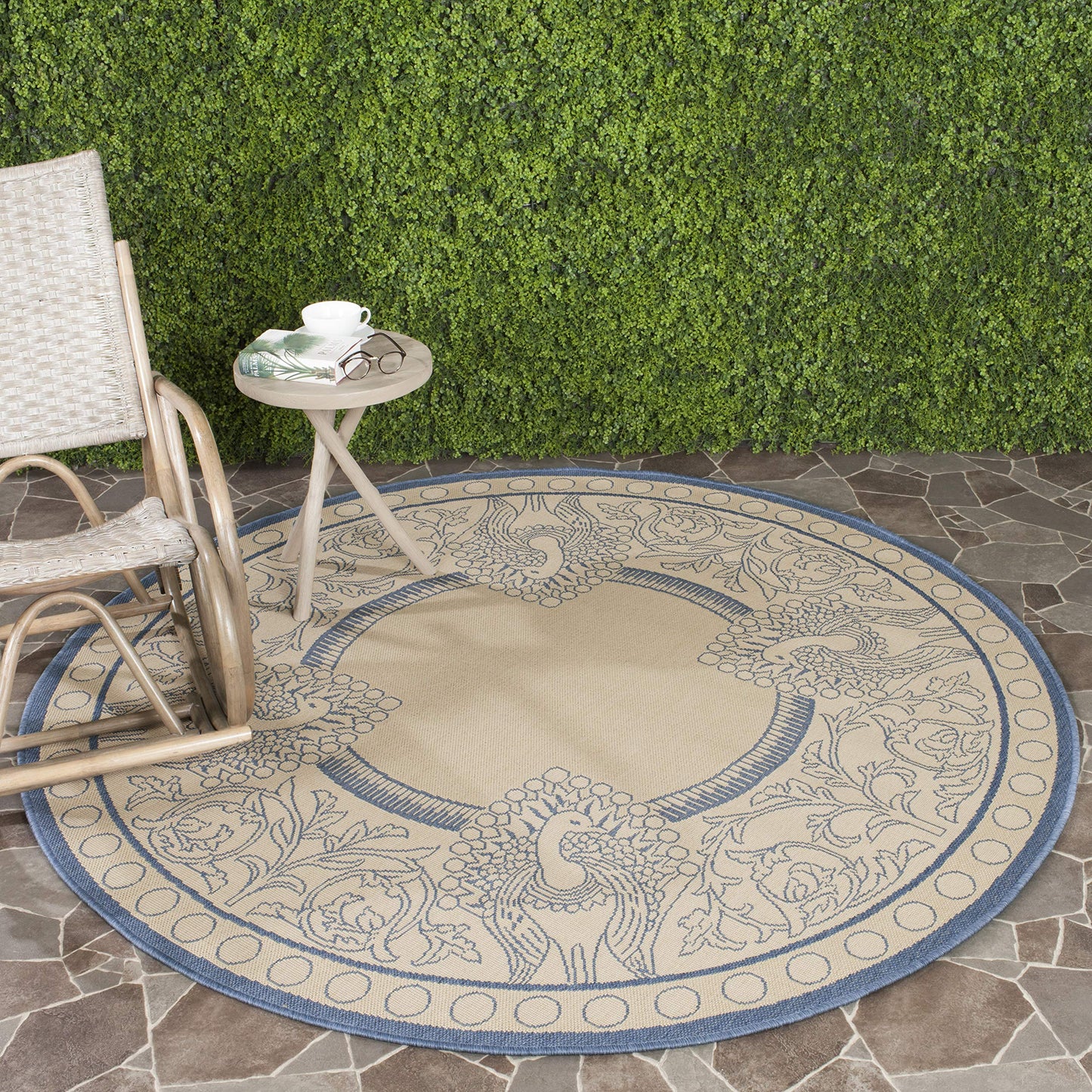 SAFAVIEH Courtyard Collection 5'3" Round Natural / Blue CY2965 Indoor/ Outdoor--Waterproof Easy--Cleaning Patio Backyard Mudroom Area--Rug