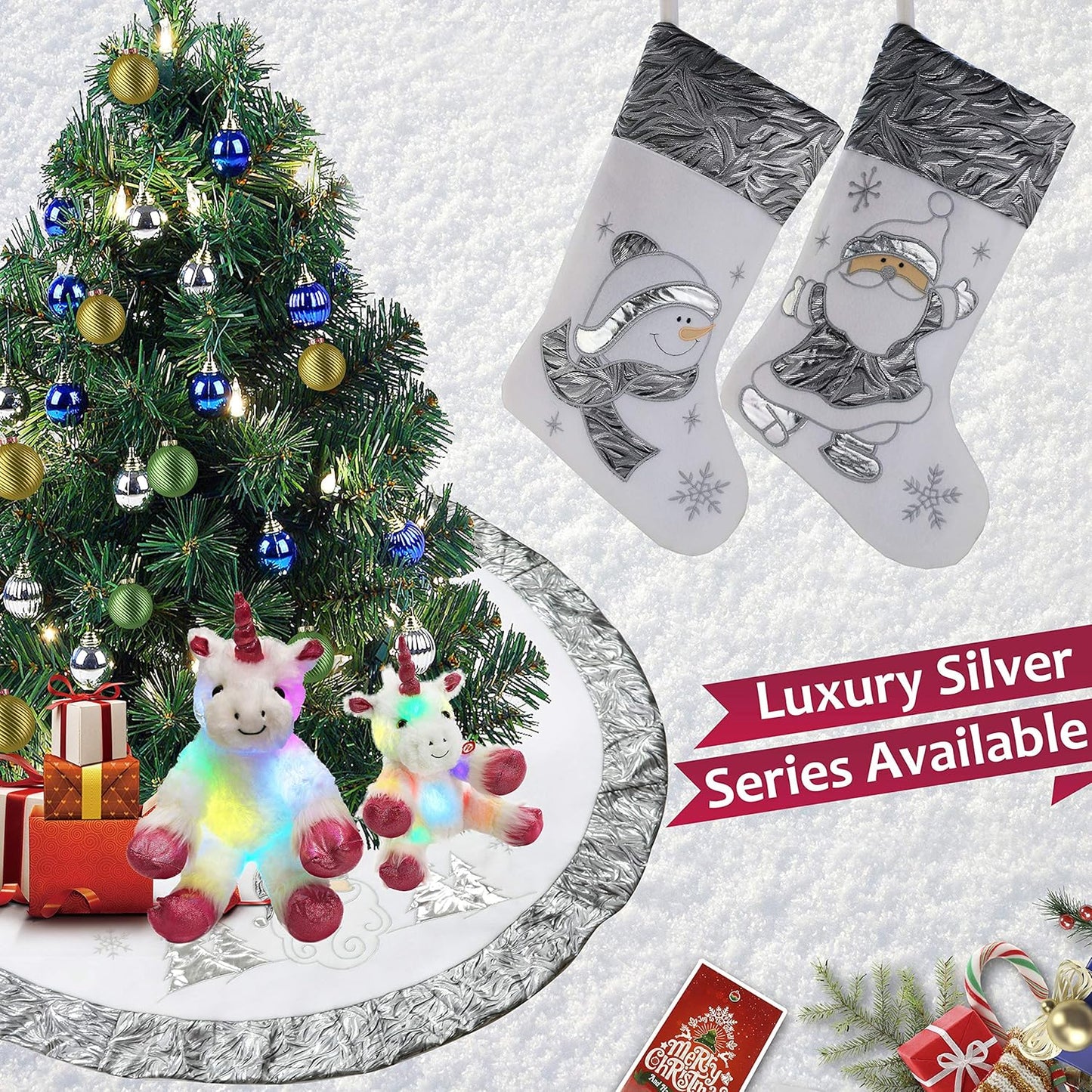 Luxury 36'' Snowman Christmas Tree Skirt - Silvery White Embroidered Snowflake with Satin Border