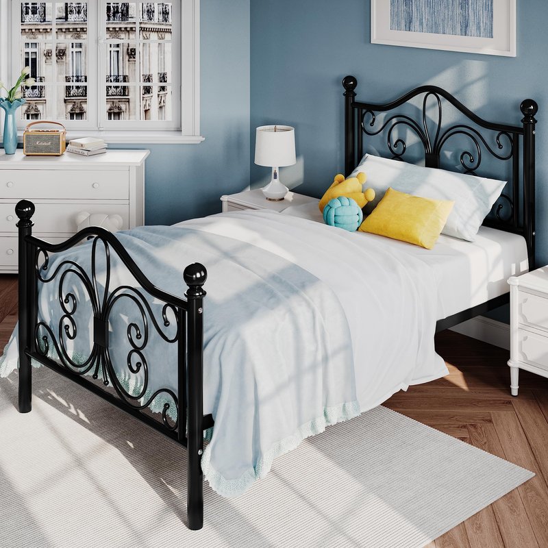 SHA CERLIN Twin Size Bed Frame for Kids,Metal Bed Frame with Butterfly Pattern Design Headboard and Footboard,No Box Spring Needed,Easy Assembly,Black