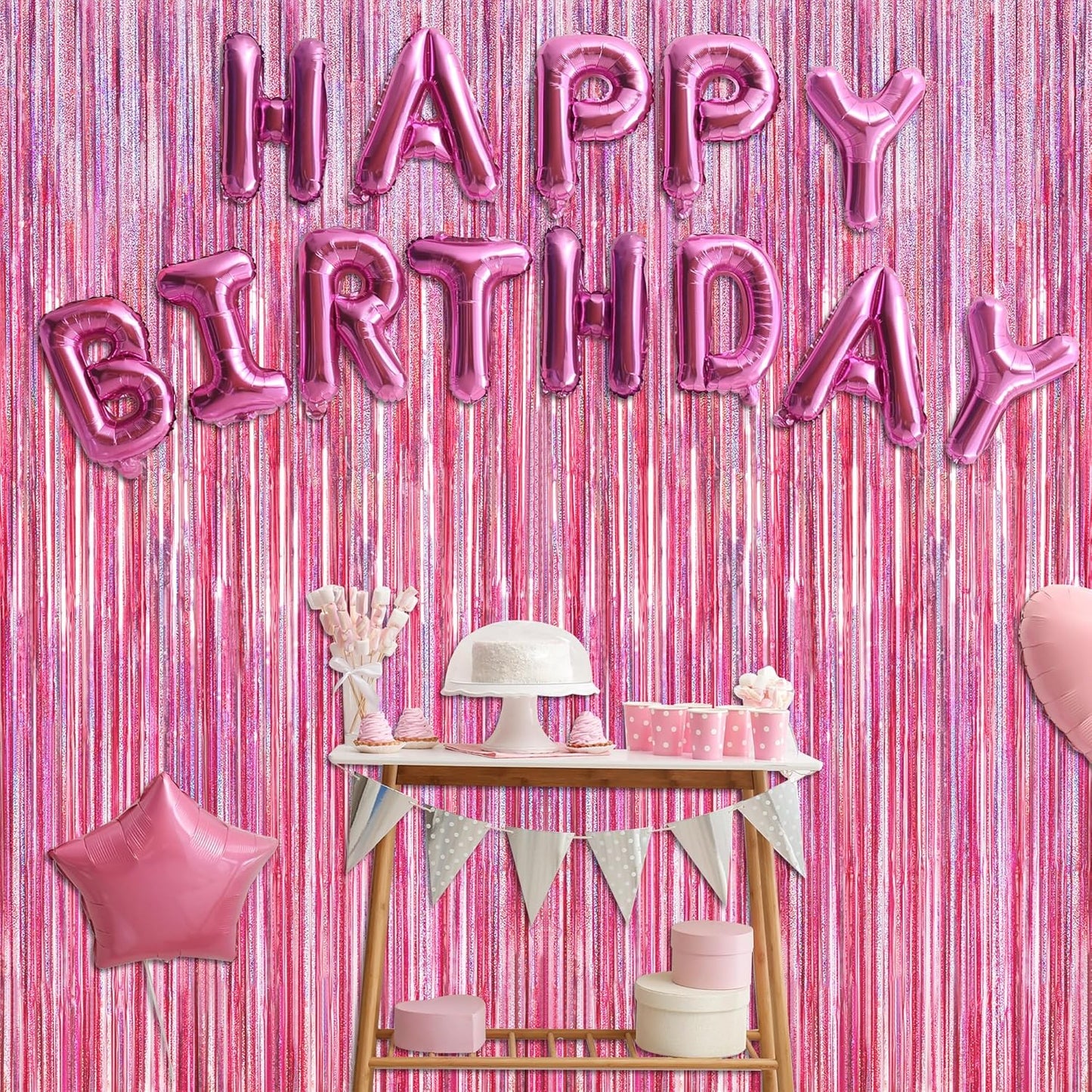 Skiennix Glitter Pink Backdrop - 2 Pack Laser Pink Fringe Curtains | 3.28 FT x 7.05 FT Birthday Party Decorations