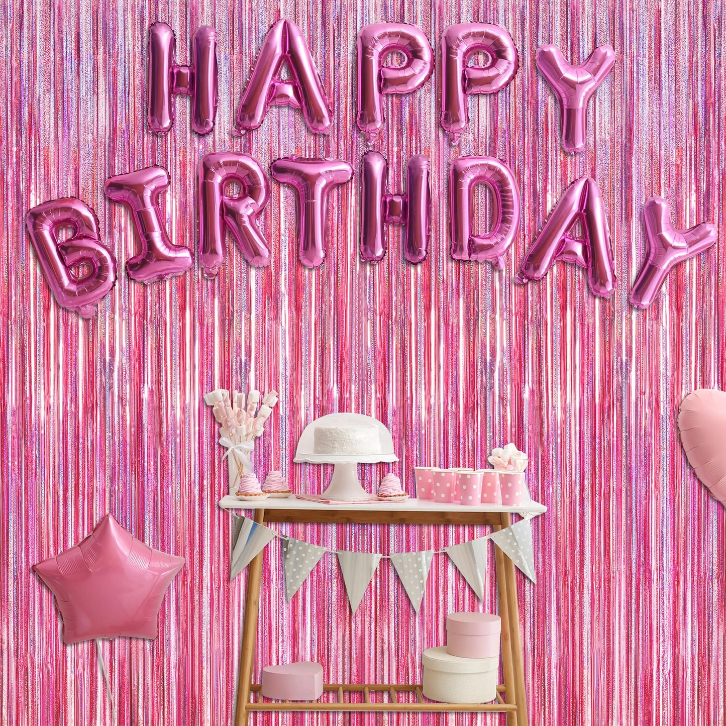 8 Pack Pink Backdrop, 3.28 FT x 7.05 FT Fringe Curtains, Metallic Glitter Pink Fringe Party Streamer Foil Curtains Tinsel Backdrop, Pink Decorations Bachelorette Valentines Day Party Supplies
