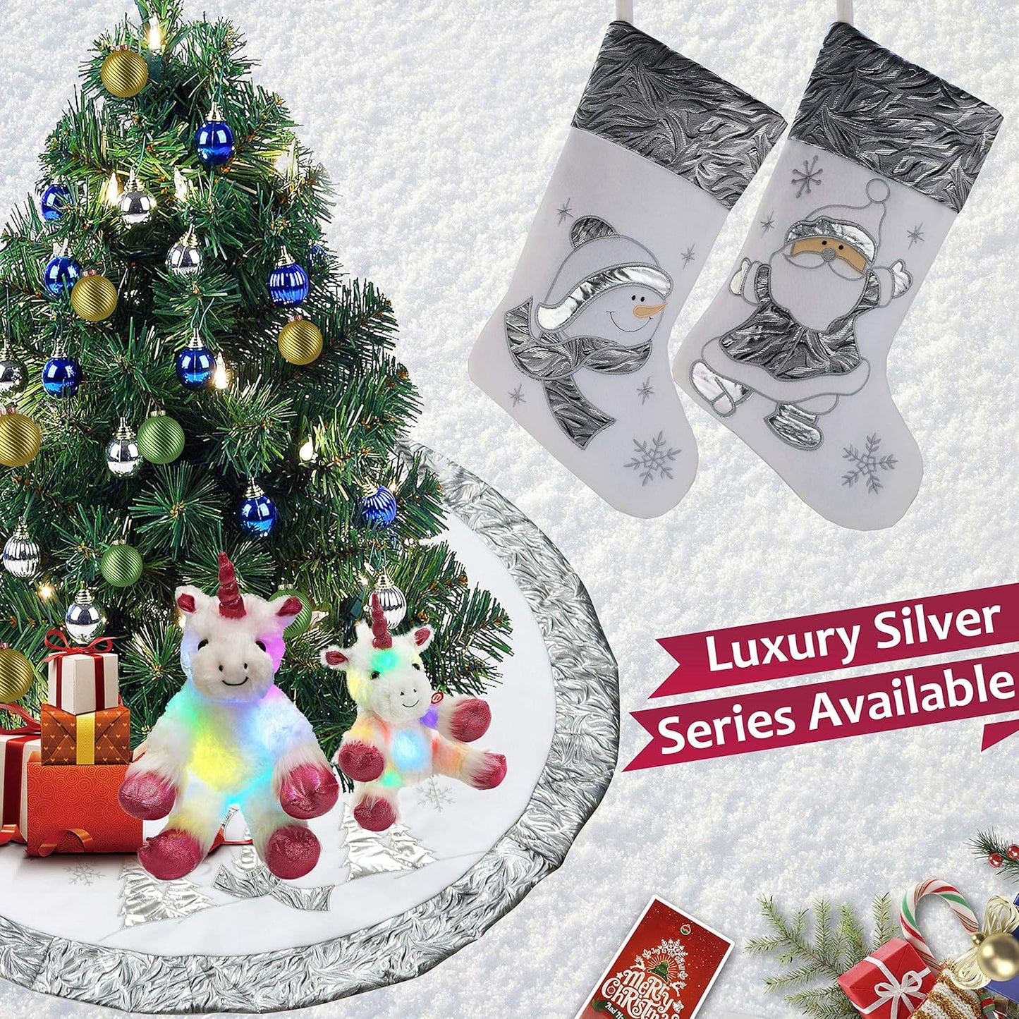 Luxury 36'' Snowman Christmas Tree Skirt - Silvery White Embroidered Snowflake with Satin Border