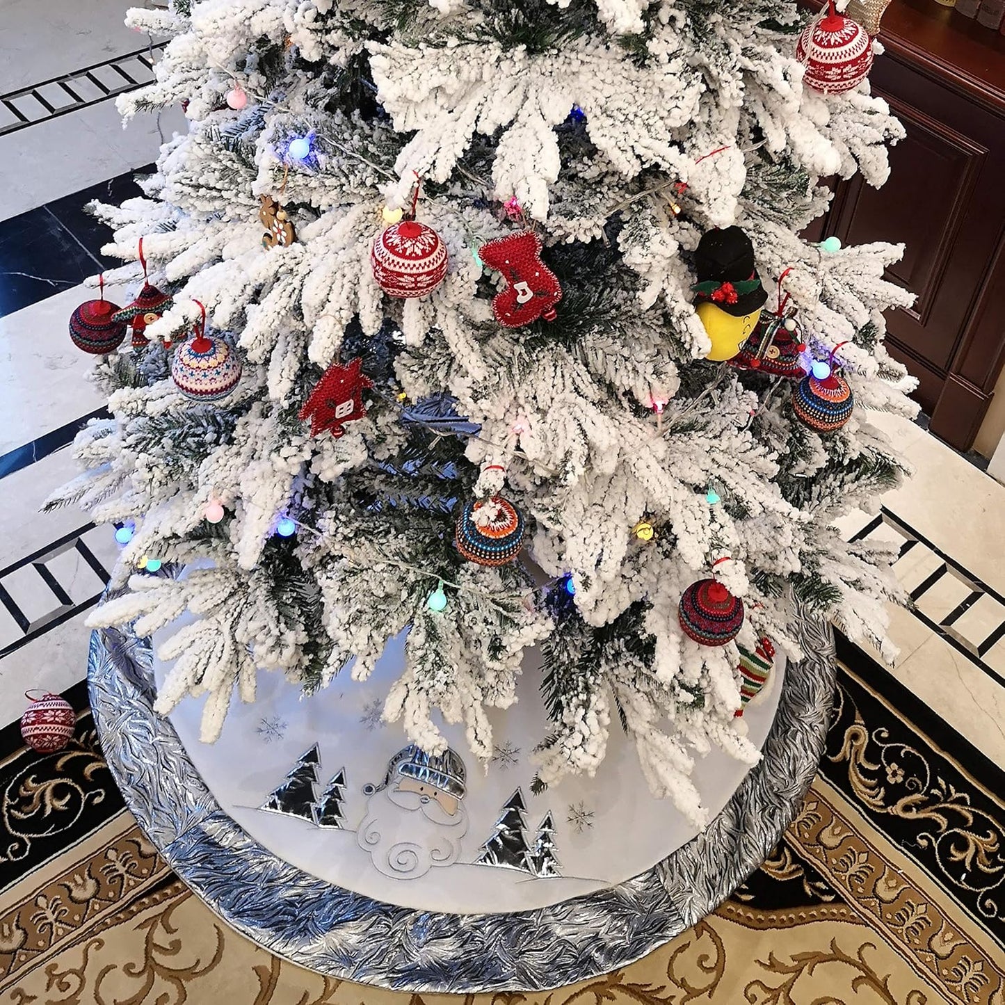 Luxury 36'' Snowman Christmas Tree Skirt - Silvery White Embroidered Snowflake with Satin Border