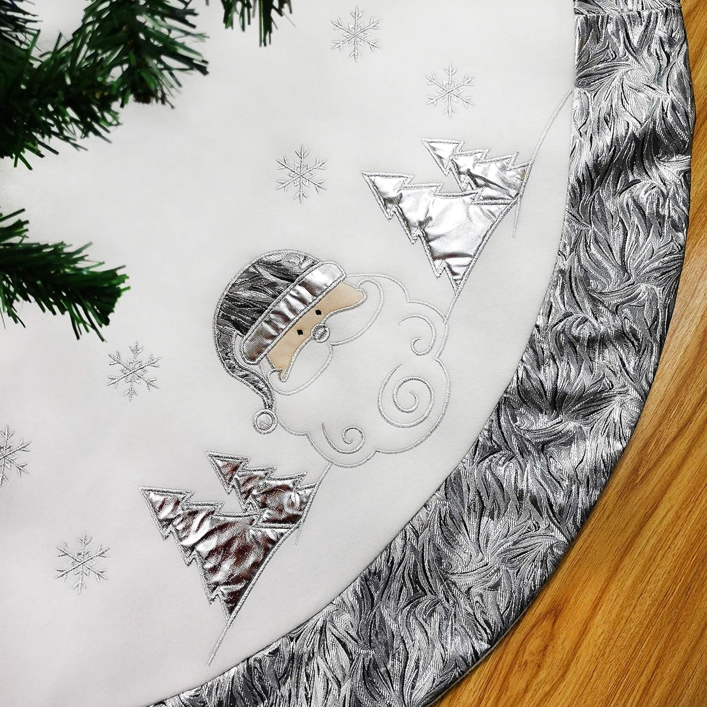 Luxury 36'' Snowman Christmas Tree Skirt - Silvery White Embroidered Snowflake with Satin Border