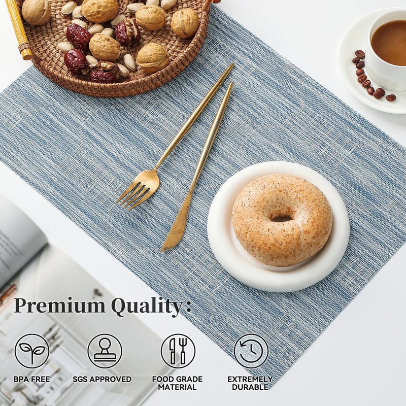 Leetaltree Jacquard Blue Placemats Set of 4 - Heat Resistant Non-Slip Place mats for Dining Table, Washable Durable PVC Vinyl Woven Table Mats (Jacquard Blue, 4)