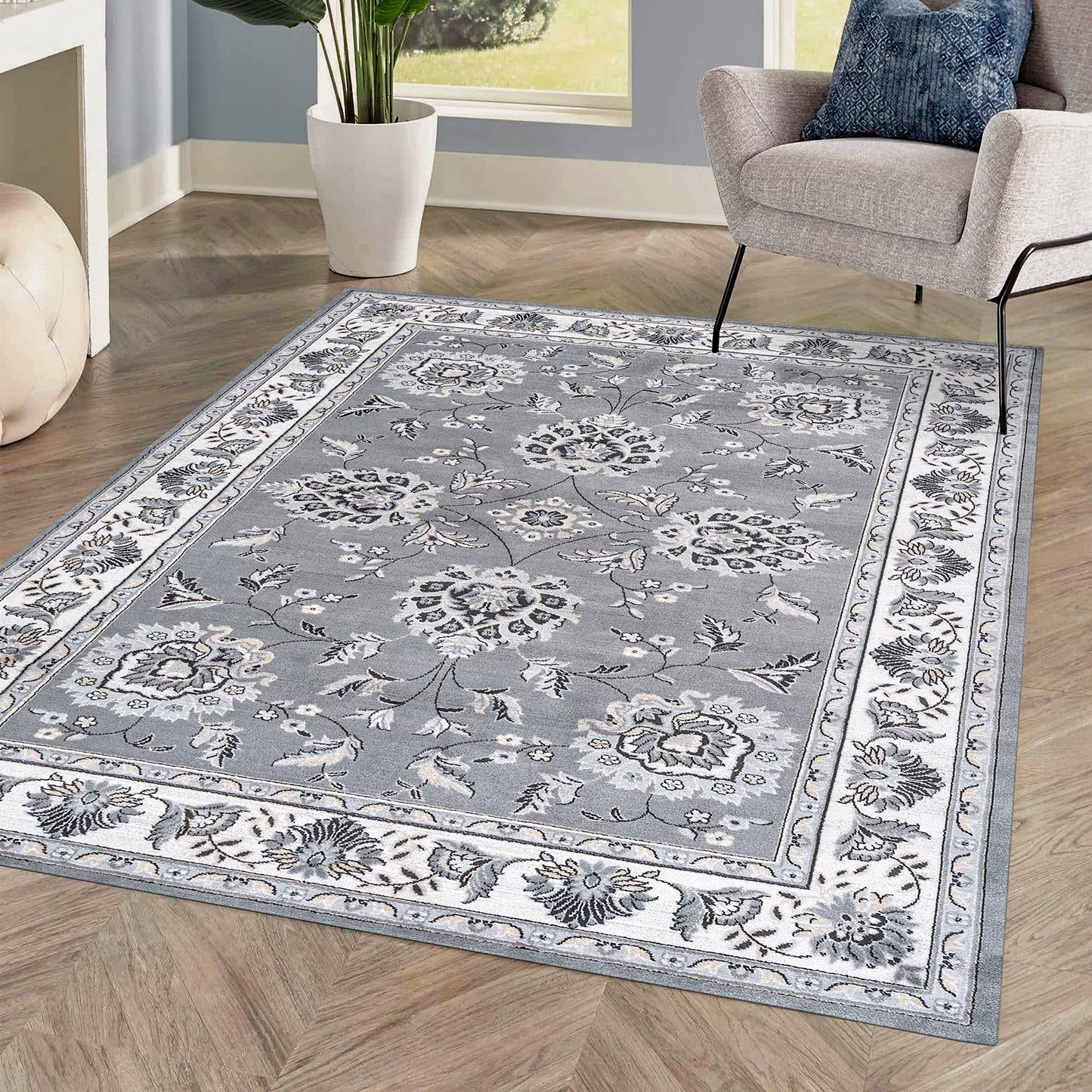 JONATHAN Y MDP505B-5 Cherie French Cottage Indoor Area-Rug, Vintage, Bohemian, Transitional Easy-Cleaning,Bedroom,Kitchen,Living Room,Non Shedding, Gray/Cream, 5 X 8