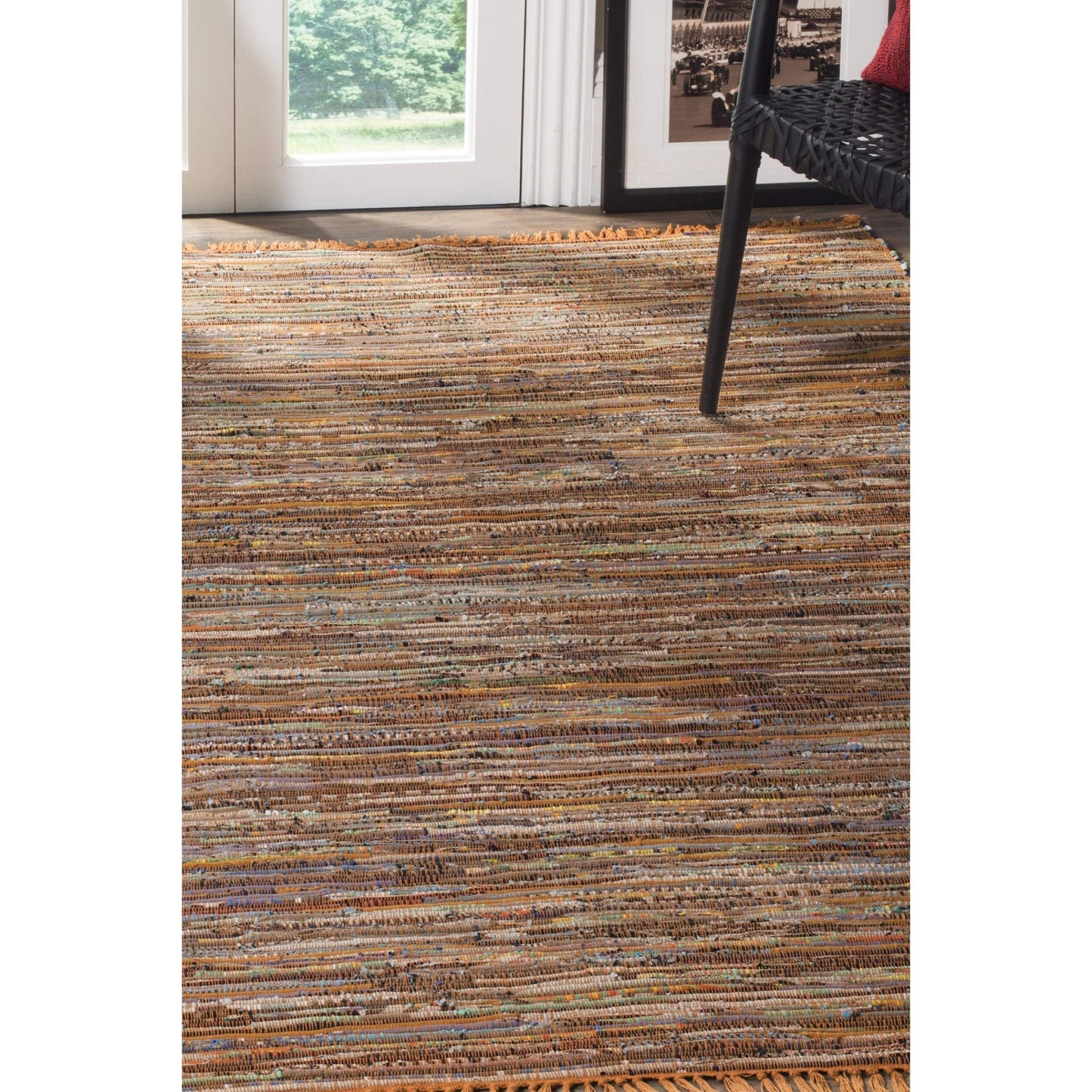 SAFAVIEH Rag Rug Collection 6' Square Gold / Multi RAR127N Handmade Boho Stripe Cotton Area Rug