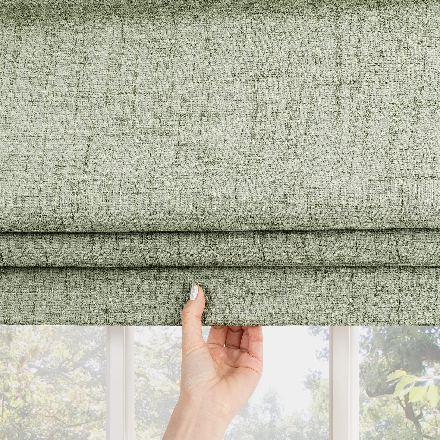 Sun Zero Seraphina Textured Total Blackout Cordless Roman Shade, 31" x 64", Sage Green