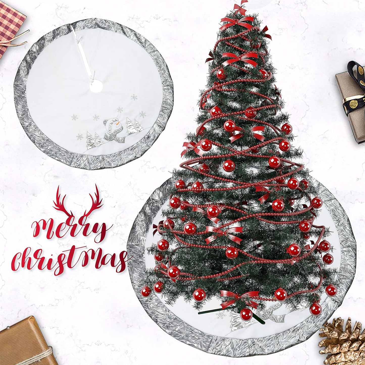 Luxury 36'' Snowman Christmas Tree Skirt - Silvery White Embroidered Snowflake with Satin Border