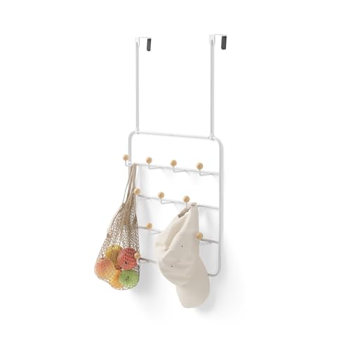 Umbra Estique Over-the-Door Coat Rack with 14 Hooks – Modern Wall & Door Organizer, White/Natural