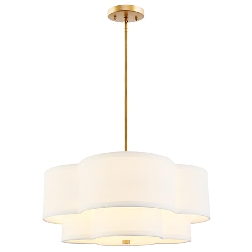 18-Inch Gold Pendant Light with White Fabric Shade - Dual Layer Quatrefoil Design, Adjustable Height