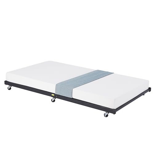 Classic Black Twin Trundle Bed Frame with Lockable Casters - Space-Saving Metal Slats Support