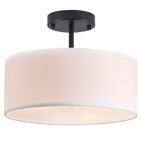 Semi Flush Mount Ceiling Light - 13-Inch Black Drum Fixture with White Fabric Shade - Variation: Black / 13 Inch