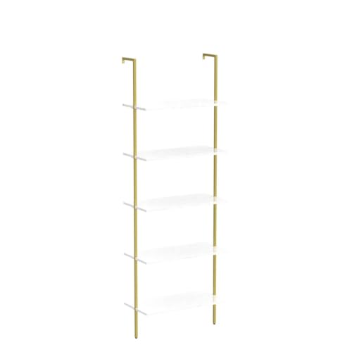 Wall Mount Ladder Shelf 5 Tiers White Marble Finish 2-Piece Modern Bookcase