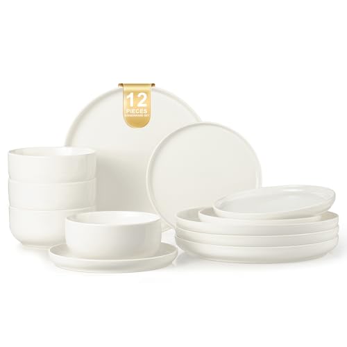 12-Piece Ceramic Dinnerware Set for 4 - White, Scratch-Resistant, Dishwasher & Microwave Safe - Service for 4