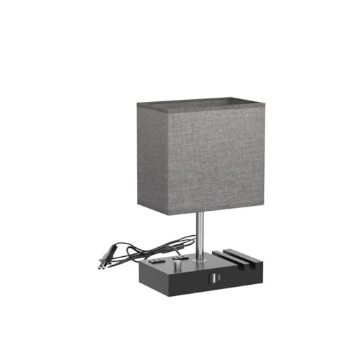 Wood Grain Bedside Table Lamp with USB Charging & 2 Outlets - Stepless Dimmable, 1 Pack