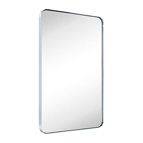 Bathroom Wall Mirror 20x30 Inch Chrome Stainless Steel Frame Rounded Rectangular Vanity Mirror