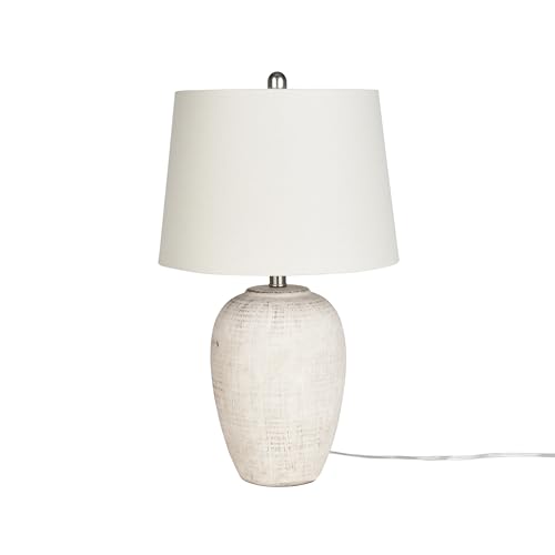 Rustic Ceramic Table Lamp - 23" Distressed Cream/Beige with Ivory Drum Shade - Vintage Style