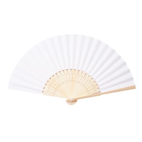50pcs White Paper Hand Fans with Bamboo Frames for Weddings Parties & Decor